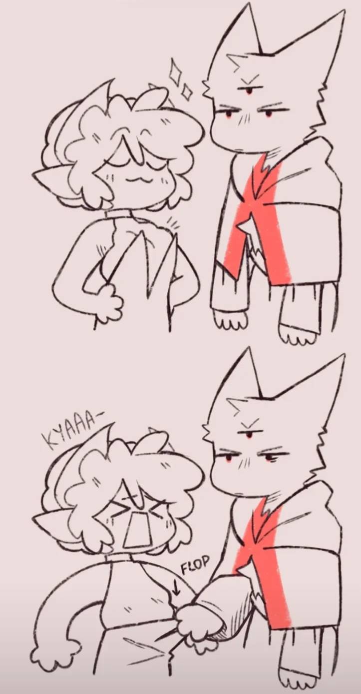 a girl lamb character looking confident next to an irritated narinder, who promptly pulls on her dress, causing her boobs to fall and her confidence to faulter