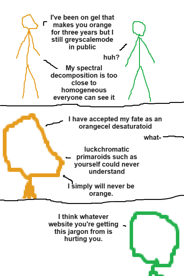I have accepted my fate as an orangecel desaturatoid