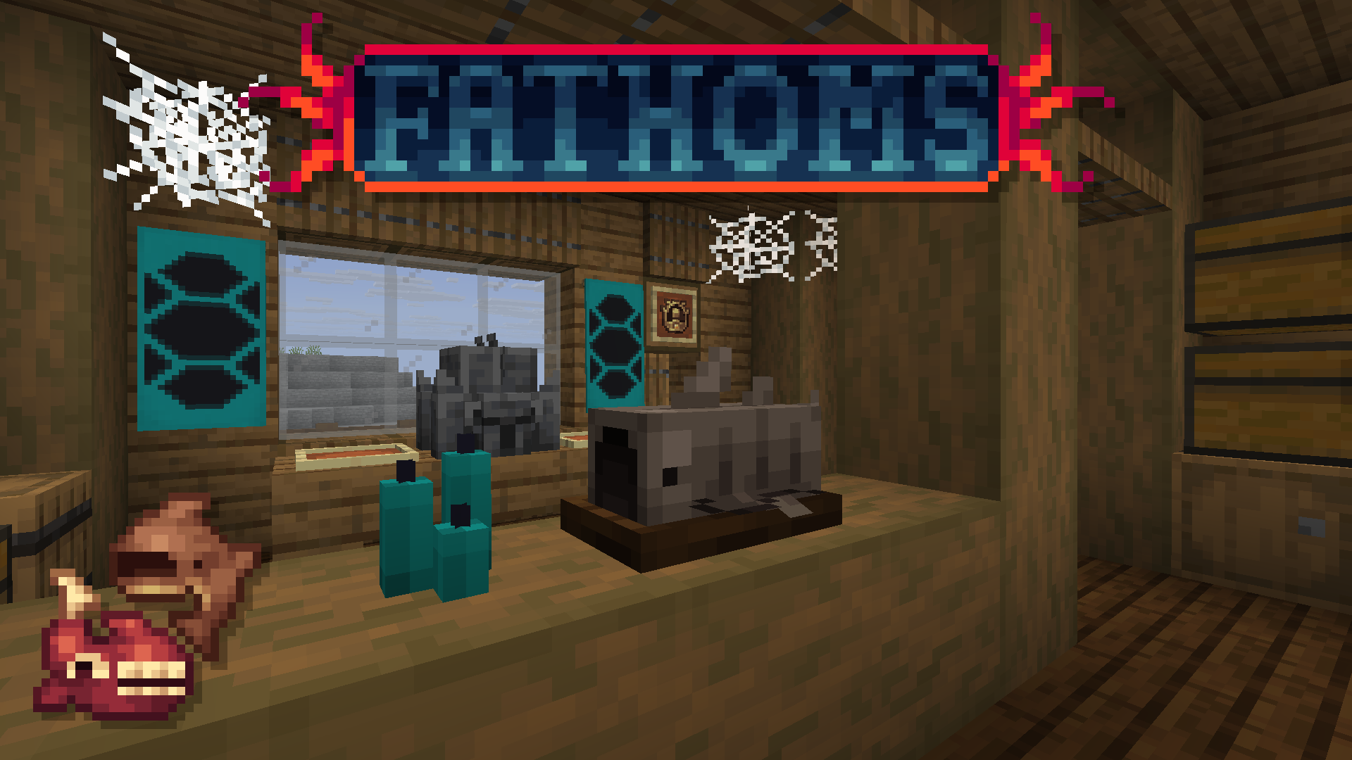 in minecraft, a fish on a cutting board, with a mysterious clock and altar in the back