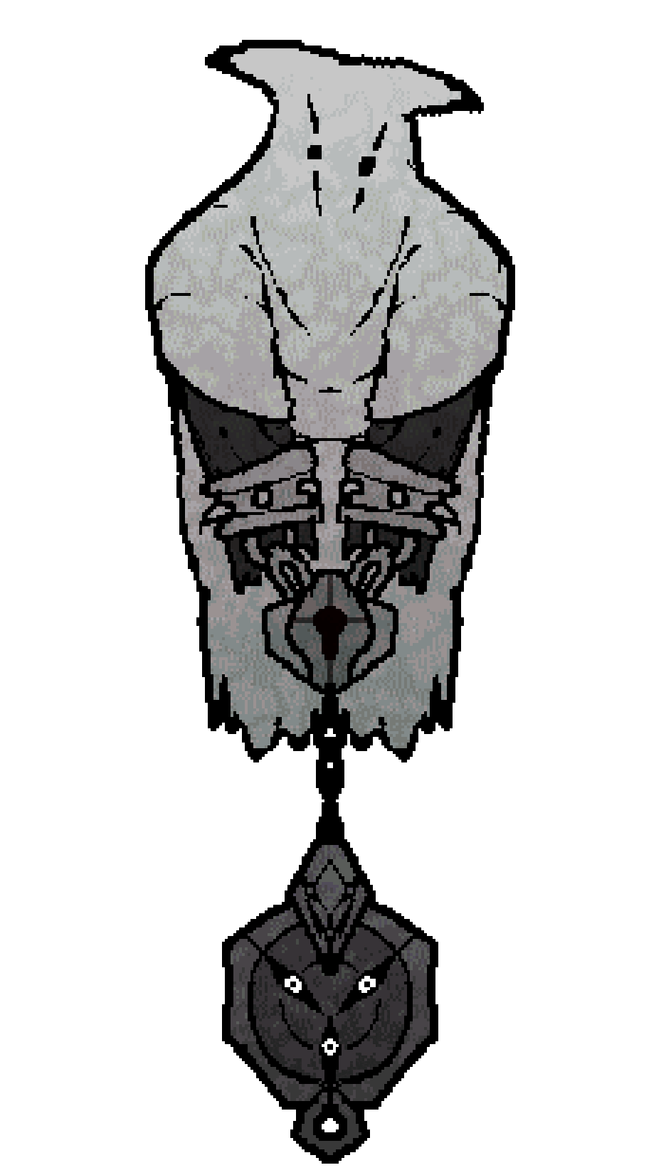 a masked, shackled monochrome beast, looking similar to an executioner